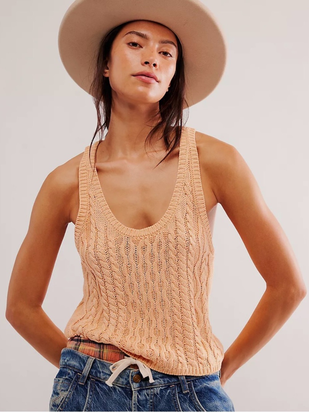 Free People Peach Cable-Knit Scoop Neck Tank